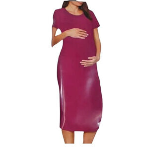 Pink/Fuchsia Womens Maternity Dress Short Sleeve, Side Rouching, Scoop Neck